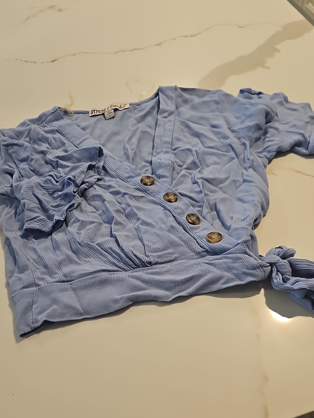 Gypsies & Moondust Light Blue V-Neck Button Tie Crop Top